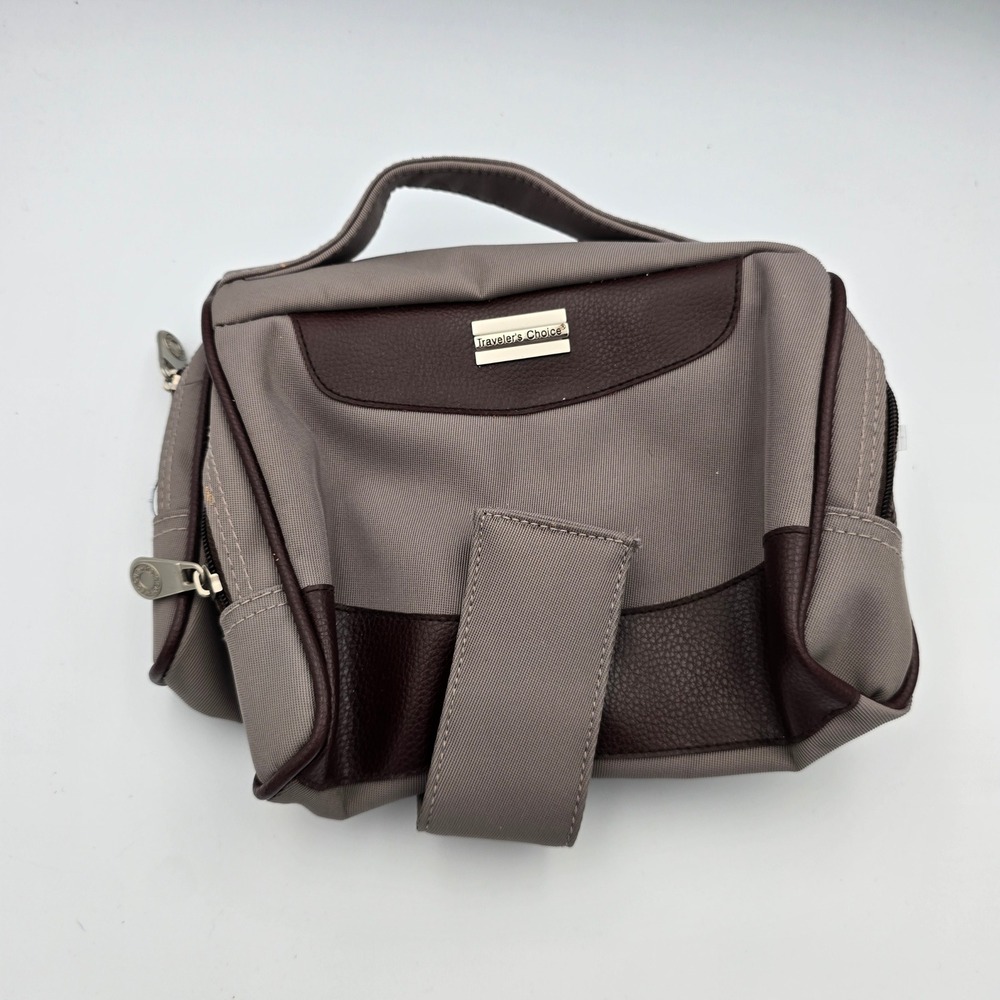 Traveler's Choice Toiletry Bag Grey Canvas Brown Trim‎ Fold-Out Organizer